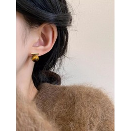 ALRNBY Two Tone Earrings Silver Ball Earring for Women Stud Pearl Earrings S925 Sterling Silver Post Big Stud Trendy Jewelry Gift Statement (Gold-Tiger Eye)