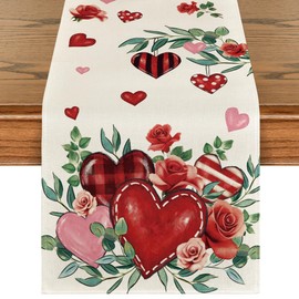 Artoid Mode Red Roses Flowers Eucalyptus Valentine's Day Table Runner, Wedding Kitchen Dining Table Decoration for Home Party Decor 13x90 Inch