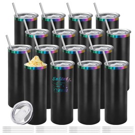 YOUKE OLA 16 Pack Rainbow Plated Stainless Steel Tumbler Straight Double Wall Powder Coated for Laser Engrave, 20oz Black To Iridescent