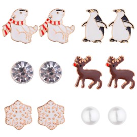 Lux Accessories Christmas Crystal Rhinestones Snowflakes Penguin Bear Scarf Stud Earrings Set of 6