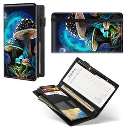 Dikoer Server Book Organizer/Waitress Order Pads with Zipper Pocket and Pen Holder for Guest Check Holder Money Book Pads, 11-Pocket Wallet with Elastic Band Fit Server Apron, Mushroom