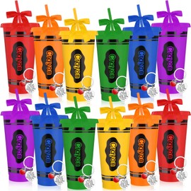 LemonRoad 24 Pcs Teachers Appreciation Week Gifts Bulk Back to School 12 pcs 24 oz Reusable Plastic Cup with Lid Straw and Bow Ribbon 12 Keychain, First Day of School Gift for Classroom Supplies