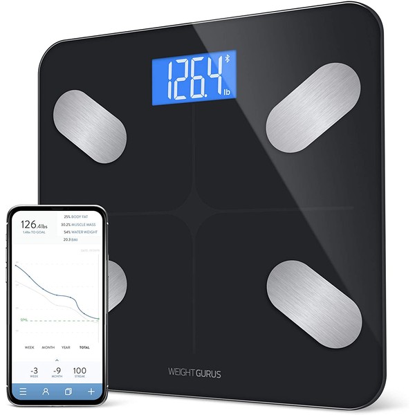 Greater Goods Digital Body Composition Black Scale, Calculates Weight, BMI, Body Fat, Muscle Mass, and Water Weight, Designed in St. Louis, in-House App for Android and iPhone (Black)