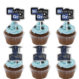 18pcs Blue Glitter Cap Dessert Cupcake Topper Congrats Grad Breaking Grad Theme Decorations Preschool High School College Graduation Party Decor Supplies