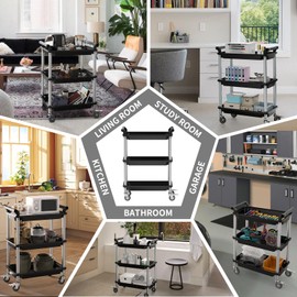 3-Tier Rolling Utility Cart with Wheels, Portable Garage Tool Cart for Warehouse Office Home, Food Utility Service Cart for Restaurant, Kitchen, Office, Plastic Push Cart, 25.6" x 14.6" x 34.3"