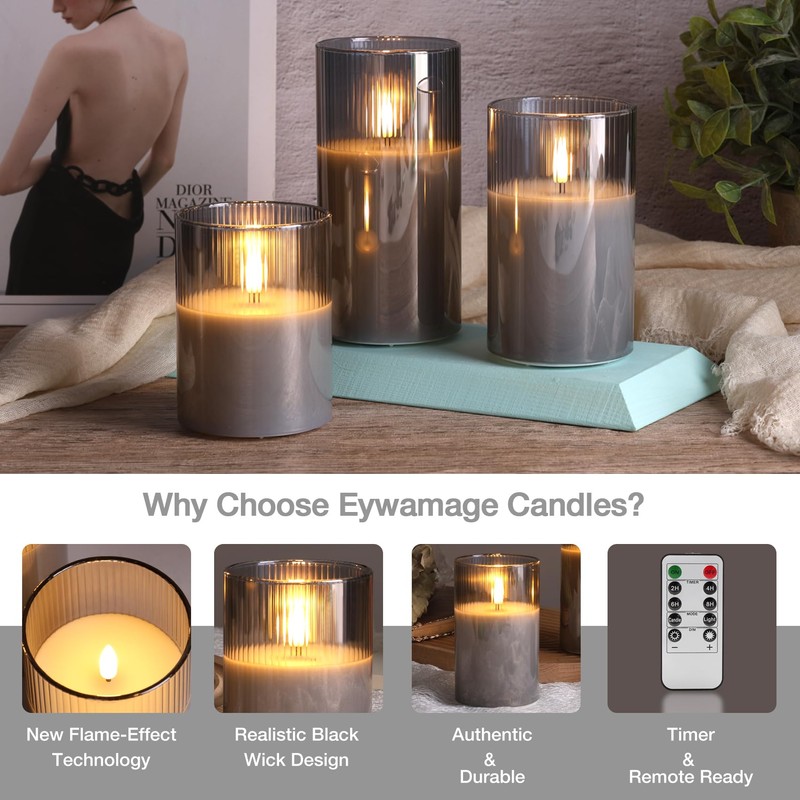 Eywamage Smoke Grey Glass Flameless Candles with Remote, Ribbed LED