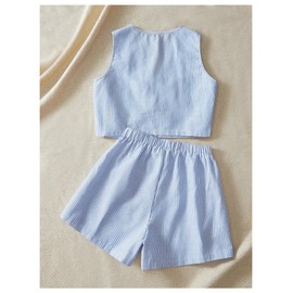 Verdusa Women's 2 Piece Striped Outfit Bow Tie Crop Tank Tops with Shorts Set Blue and White Small