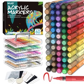 WUO 60 Colors Acrylic Paint Markers, Water-Based No-Bleed Markers, Automatic Ink Control Brush Tip for Multi-Surface, Acrylic Paint Pens for Rock Painting, Wood, Canvas, Glass, DIY Crafts