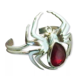 Real Metal Gothic Spider Bracelet Large Polished Silver Finish with Red Navette Stone B-3