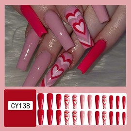 Vezocim Press on Nails Long Coffin Shapes 24Pcs Glossy Full Cover Acrylic Square Red False Nails with Heart Designs Ballerina Extra Long Artificial Reusable Fake Nails with Charm for Women Girls