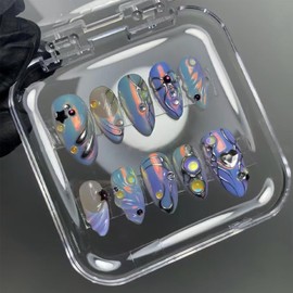 24Pcs French Tip Press on Nails Medium Almond Fake Nails with Colorful Ripple Design 3D Star Heart Charms False Nails Rhinestones Glitter Glue on Nails Handmade Stick on Nails for Women Acrylic Nails