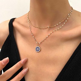 Yienate Boho Layered Evil Eye Necklace Vintage Gold Tiny Crystal Sun Pendant Necklace Statement Blue Eyes Pendant Necklace Lucky Amulet Necklace Jewellery for Women, Zinc