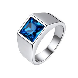 Bestyle Stainless Steel Square 8mm*8mm Blue Topaz Sapphire Ring for Men-Black Gemstone Signet Pinky Ring-Solid Chunky Thick Men Band Ring Simple Ring Stackable, Size 12
