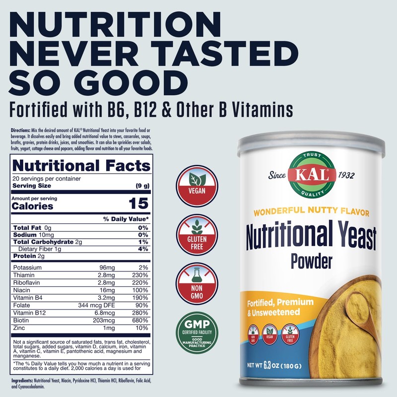 KAL Nutritional Yeast Powder, Fortified with B6, B12, Folic Acid