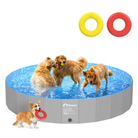 Peteast Foldable Dog Pool with 2 Flying Disks, Durable Hard Plastic Dog Swimming Pools for Large Dogs, Collapsible Pet Pool for Backyard & Indoor, Ideal Kiddie Pools for Dogs and Kids, 87 in
