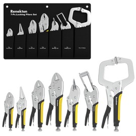 Renekton 7-Piece Locking Pliers Set, 5",7" & 10" Curved Jaw Locking Pliers, 6-1/2" Long Nose Locking Pliers, 11" Locking C-Clamp, 8" Sheet Metal Clamp, 10" U Shaped Pliers, Two-Color TPR Handle