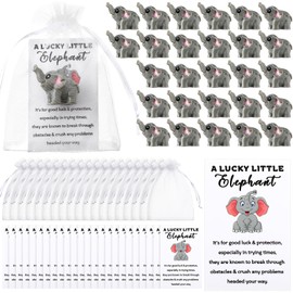 Vercraft 30 Sets Good Luck Gifts Little Elephant Charm Bulk with Story Card 30 Lucky Little Elephant Figurines Miniature 30 Good Luck Cards 30 Organza Bags for Elephant Party Friend Coworkers Employee