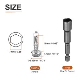 DTGN 350Pcs #8x5/8" Hex Washer Head Self Drilling Screws, 410 Stainless Steel Self Tapping Sheet Metal Screw Set with Hex Bit Socket