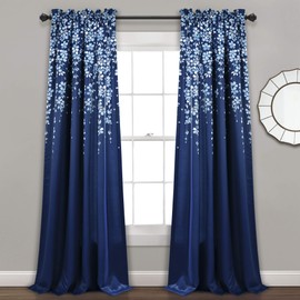 Lush Decor Weeping Flower Light Filtering Window Curtain Panels, Pair, 52"W x 84"L + 2" Header, Navy - Charming Modern Floral Curtains for Living Room, Dining Room, & Bedroom