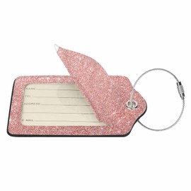 Numland Luggage Tag Rose Gold Pink Glitter,Stainless Steel Ring Leather Luggage Tag for Travel Bag Suitcase