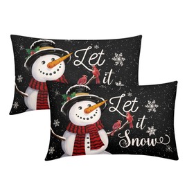 Let it Snow Christmas Black Lumbar Pillow Covers 12X20 Inch Xmas Snowman Snowflake Decorative Rectangle Pillow Cases Set of 2 Winter Holiday Home Decor Cotton Linen Throw Pillows For Couch Outdoor