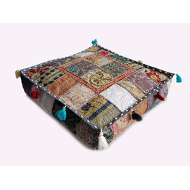 CRAFT KALA Large Square Mandala Patch Work Cotton Floor Pillow & Cushion Cover Meditation Boho Bohemian Cushion Pouf Cover Seating for Yoga Living Room Balcony Office Outdoor 16x16x5 Inches, Grey