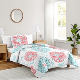 Turquoise and Coral Emma 4 Piece Kids Teen Modern Twin Bedding Set Collection