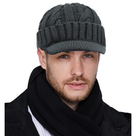 Clape Men's Outdoor Newsboy Hat Thick Slouch Beanie Visor Cap Cuffed Watch Cap Hat Slouchy Beanie Brim Knit Skully Hats, Grey