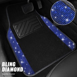 CAR PASS Bling Diamond Leather Steering Wheel Cover 14.5in-15in Floor Mats Shining Rhinestone Carpet Sparkly Glitter Crystal Anti-Slip Pad Fit Automotive SUV Pickup Truck Girl Women, 5pcs Black Blue