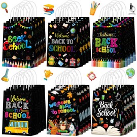 Zhanmai 24 Pcs Welcome Back to School Gift Treat Bags with Handle Black Bus Pencils First Day of School Goodie Candy Bags Paper Wrapping for Party Favors Supplies Decoration