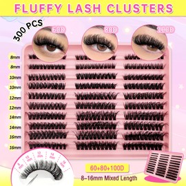 300 Pieces Eyelash Extensions, Fluffy Clusters, Eyelash Clusters, 3 Styles, 8-16 mm, Mixed Volume, Individual Eyelashes, Thick Lash Clusters, Individual Eyelash Extensions (300P-680D)