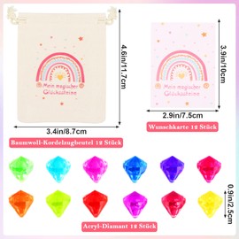 Party Bags for Filling Set, 12 Pieces Small Cotton Gift Bags, 12 Congratulations Cards, 12 Children's Gemstones, Jewellery Bag for Gift Wrapping, Party Bag Decoration Children's Birthday Party Bag