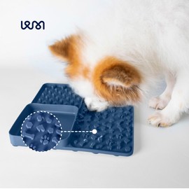 PAWMERCE 3-in-1 Licking Mat for Cats and Dogs - Slow Feeder & Anxiety Relief, Silicone with Suction Cups, Peanut Butter Spatula Included. Promotes Dental Health & Mental Stimulation (Blue)