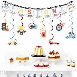 kreat4joy Fast One Birthday Decorations, Vintage Race Car 1st Birthday Decoration Fast One Banner Retro Pastel Racing Car Hanging Swirls Streamer for Boys Girls First Birthday Party