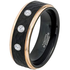 0.21ct Diamond 3-Stone Tungsten Ring - April Birthstone - 8MM Two-tone Black Hammered Center Rose Gold IP Stepped Edge Comfort Fit Unisex Wedding Anniversary Band -11