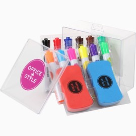Dry Erase Marker and Magnetic Erasers Set, 12 Pack, Non-Toxic, Erasable, Great for Whiteboards, Coloring, Calligraphy, & More. Plus 2 Magnetic Erasers. For All Ages - By Office Style