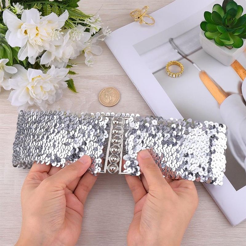 CABODYALS 73mm Silver Wide Elastic Glitter Sequin Dance Belt for