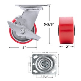 HANDSAMMU 4" X 2" Heavy Duty Casters- Industrial Casters, Polyurethane Casters Wheels, Capacity up to 3200 Lb. Use for Platform Truck, U-Boat Cart,Workbenches (2 Brake&2 Rigid)