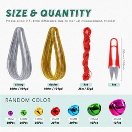 Swpeet 154Pcs Colorful 8mm-30mm Big Sizes Christmas Jingle Bells Assortment Kit with 225m 3 Colors Cord, Jingle Bells and Craft Bells Perfect for Christmas Party Decorations Craft