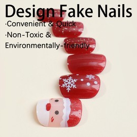 Christmas Press on Nails Short Square Fake Nails Santa Claus Elk Snowflake Designs Red Full Cover Glue on Nails Press ons Xmas False Nails Acrylic Stick on Nails for Women 24 Pcs