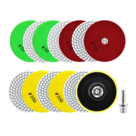 SANLEETEK Wet Diamond Polishing Discs - 12 Pieces 100 mm Diamond Polishing Pad Grit 50 x 4/100 x 4/200 x 4 with M14 Support Plate + Adapter for Granite Marble Artificial Stone Quartz for Angle Grinder