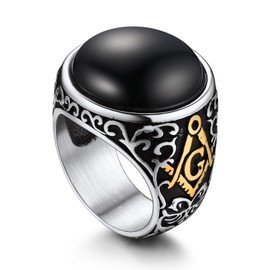 Bandmax Black Onyx Rings for Men Stainless Steel Freemason Ring Masonic Signet Ring Size 11 Vintage Retro Style Biker Ring Masonic Gift for Men