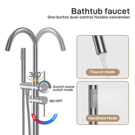 GAOMON Freestanding Bathtub Faucet Brushed Nickel Floor Mount Tub Filler Standing High Flow Shower Faucets with Handheld Shower Mixer Taps Swivel Spout