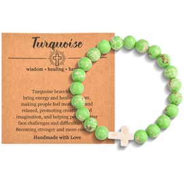 Christian Cross Bracelet for Women & Men - Natural Bead, Religious Cross Healing, Stretch Charm Crystal Anxiety Bracelets for Birthday, Christmas, Christian, Easter Gifts - Turquoise