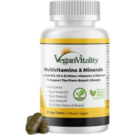 Vegan Multivitamins & Minerals with High Strength Vitamin B12, D3 & K2. 180 multivitamin Tablets - 6 Months Supply. Designed for Vegans & Vegetarians.