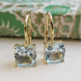 Cushion Cut Blue Topaz Gold-Plated 925 Sterling Silver Earrings