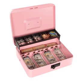 Cash Box with Combination Lock, Metal Money Box for Cash Register, Large Cash Lock Box for Money Safe 11.8" x 9.4" x 3.54" Pink