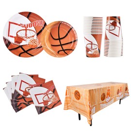 Gatherfun Basketball Party Supplies Paper Plates Napkins Cups Knives Forks Spoons with Balloons and Banner for Kids and Adult Birthday Party March Madness Party Decorations, Serve 25