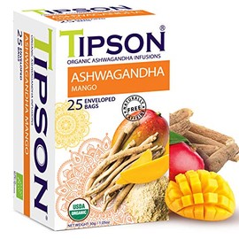 Tipson Organic Ashwagandha Tea Infusions - Mango - 25 Premium Tea Bags - Caffeine Free - Non GMO - Gluten free