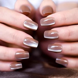 30 piezas de uñas postizas de color marrón ombré brillante, uñas postizas de estilo ojo de gato, uñas postizas acrílicas reutilizables, uñas postizas 